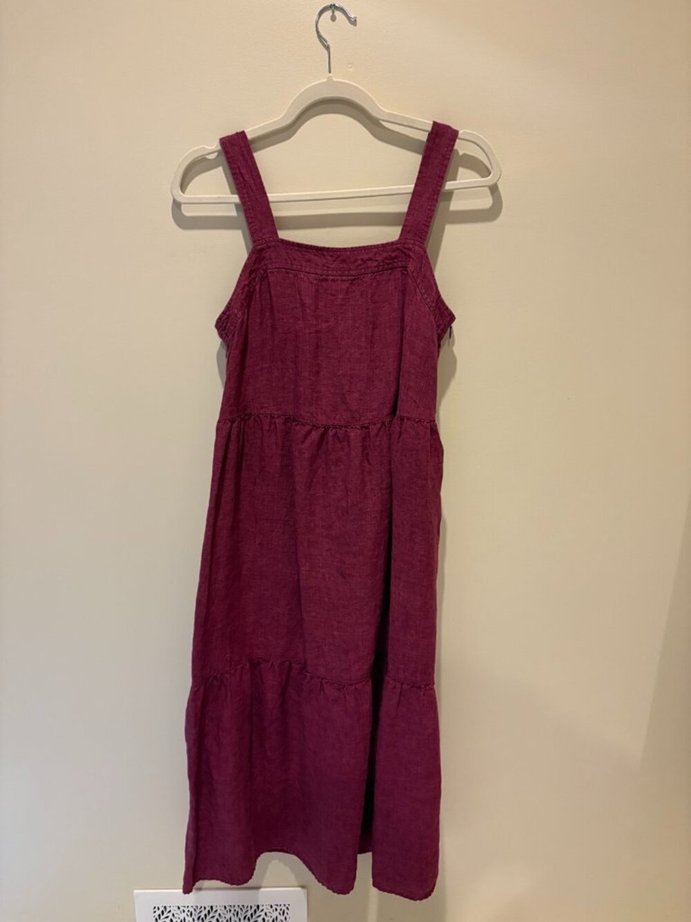 Eileen Fisher burgundy washed linen tiered midi dress - size XXS